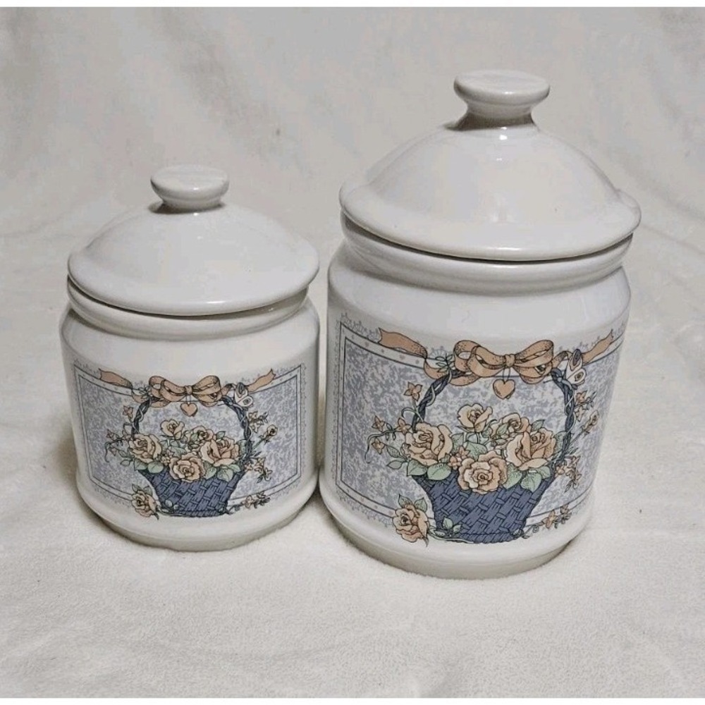 Veranda Hearts And Roses Basket 2 Piece Lidded Canister Set Vintage Ceramic
